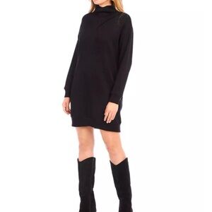 Black funnel neck tunic ribbed contemporary mini dress Size M